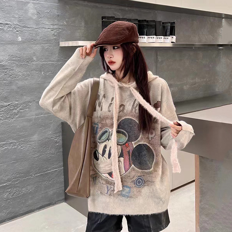2024 Autumn and Winter New Heavy Industry Rhinting Cartoon Mickey Hooded Sweater Women's Loose Lazy Style All-match Knitted Top