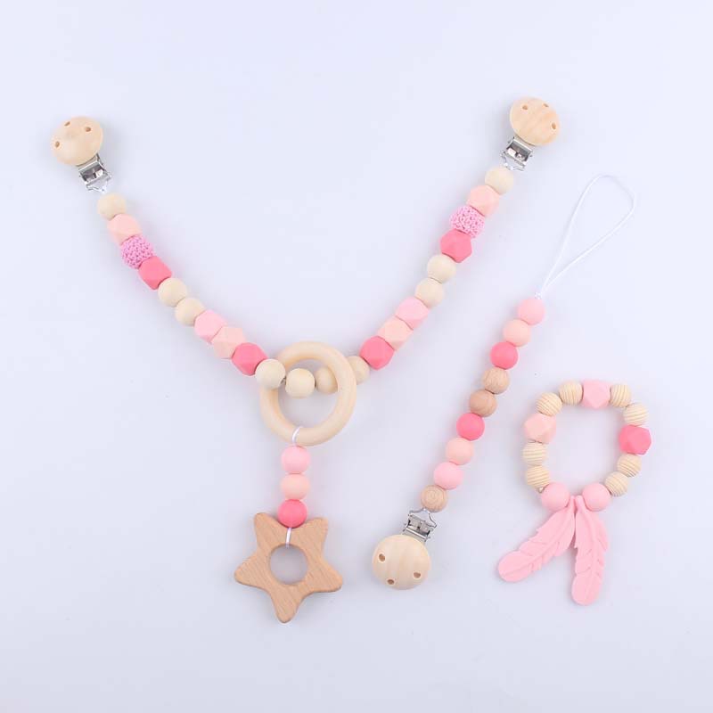 Bebé animal de dibujos animados haya elefante mordedor juguete DIY pluma silicona chupete cadena pulsera coche colgante conjunto de tres piezas