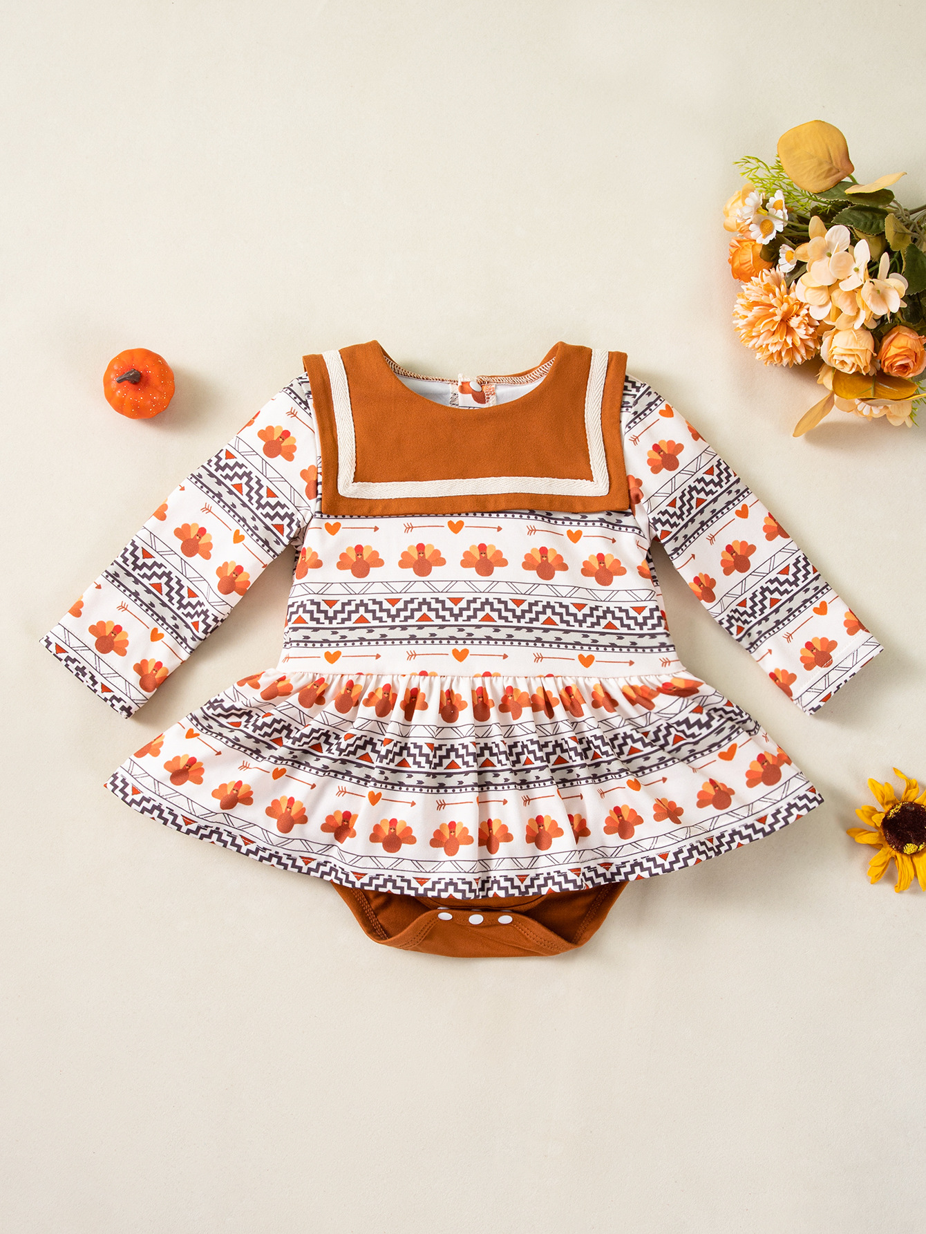Factory Direct Sales Cross-Border Children's Clothing Baby Girl Thanksgiving Printed Turkey Long-Sleeved Dress Baby Holiday Party Clothing