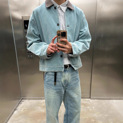 秋季新款复古工装水洗孔雀绿帆布夹克男女翻领撞色设计感外套男潮