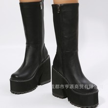 跨进外贸厚底靴女士高跟水台圆头纯色侧拉链中筒皮靴35----43大码