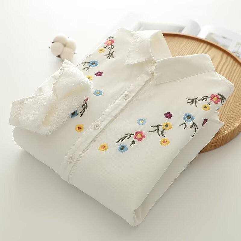 Autumn and Winter New fleece-lined Shirt Japanese Artistic Pure Cotton White Shirt Women's Warm Thickened Inner Base Shirt Top