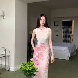 水粉网纱旗袍无领口花无弹
