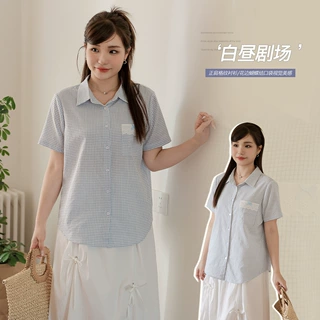 韩版宽松翻领正肩蝴蝶结格纹上衣胖mm大码宽松显瘦百搭衬衫65234