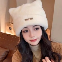 韩国新款可爱猫耳朵仿貂毛针织帽冷帽毛线帽子女时尚百搭包头帽潮