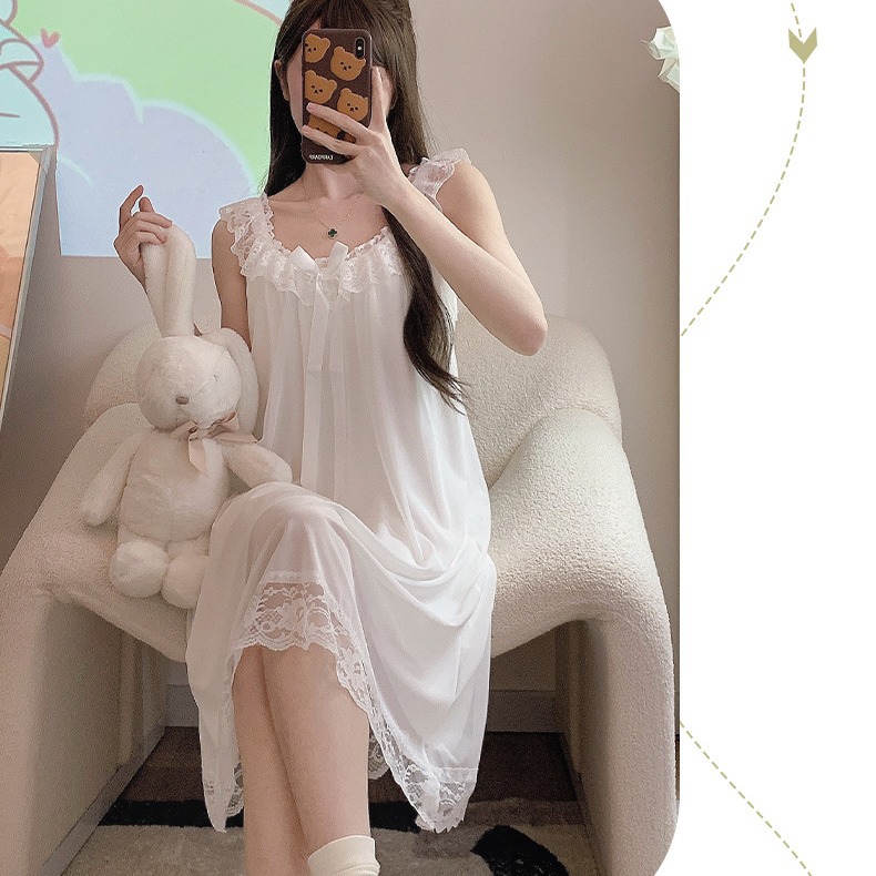 나이트 드레스 여성의 여름 짧은 소매 2024 새로운 순수한 바람 섹시한 레이스 메쉬 파자마 레이스 A8806 # leucorrhea 가슴 패드