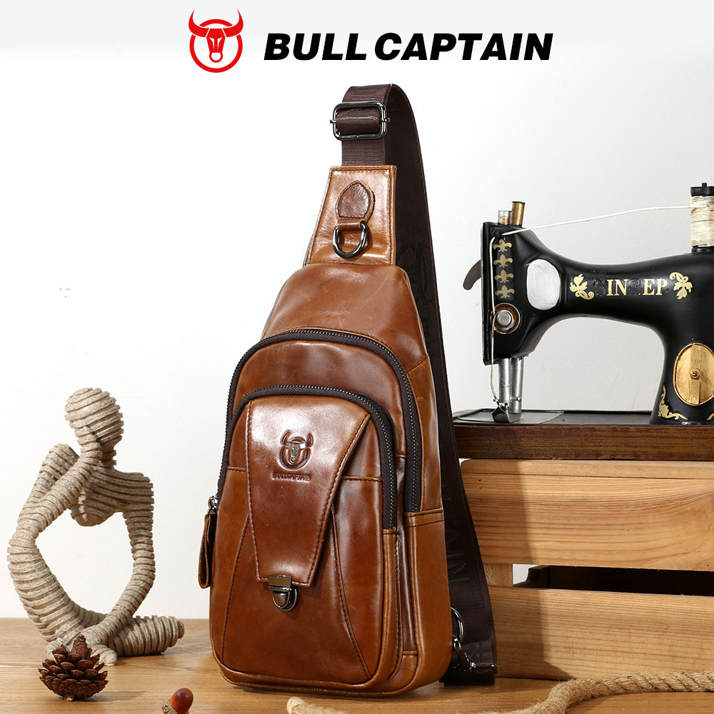 Captain Cow Leather Goods Men's Genuine Leather Single Shoulder Crossbody Chest Bag First Layer Cowhide Fashionable Multifunctional Sports Casual Chest Bag