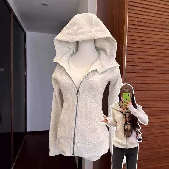 定制修身连帽卫衣外套女春2025连帽正肩卫衣秋冬韩系穿搭收腰上衣
