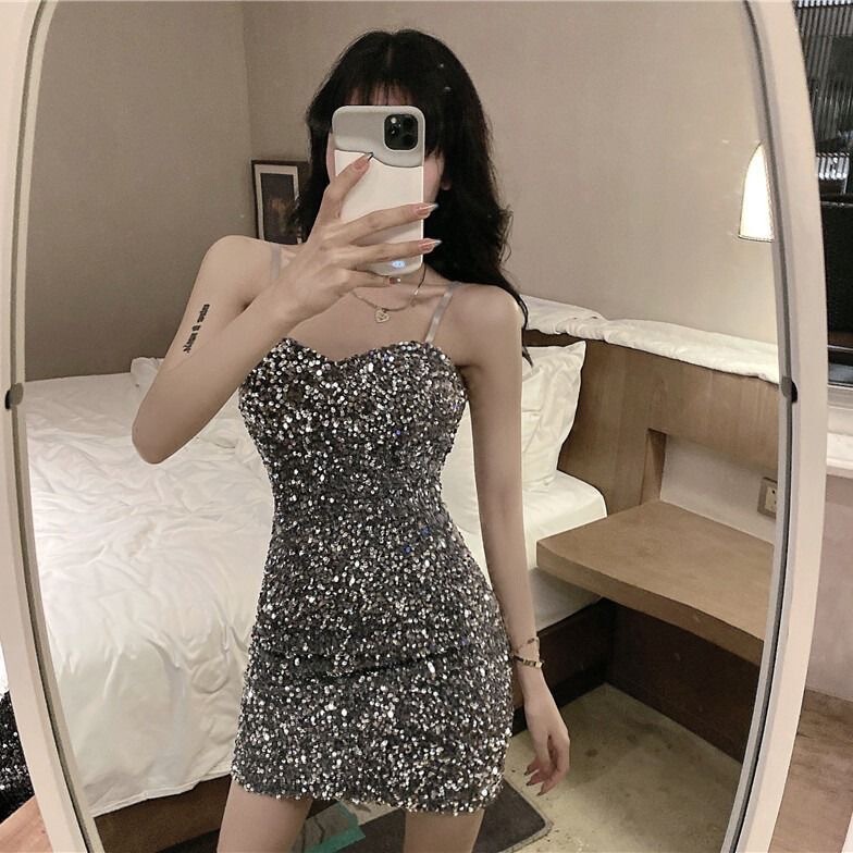 Sequined suspender skirt for women spring and summer new elegant bottoming hot girl hip-wrapped Sexy Slim fit dress foreign trade cross-border