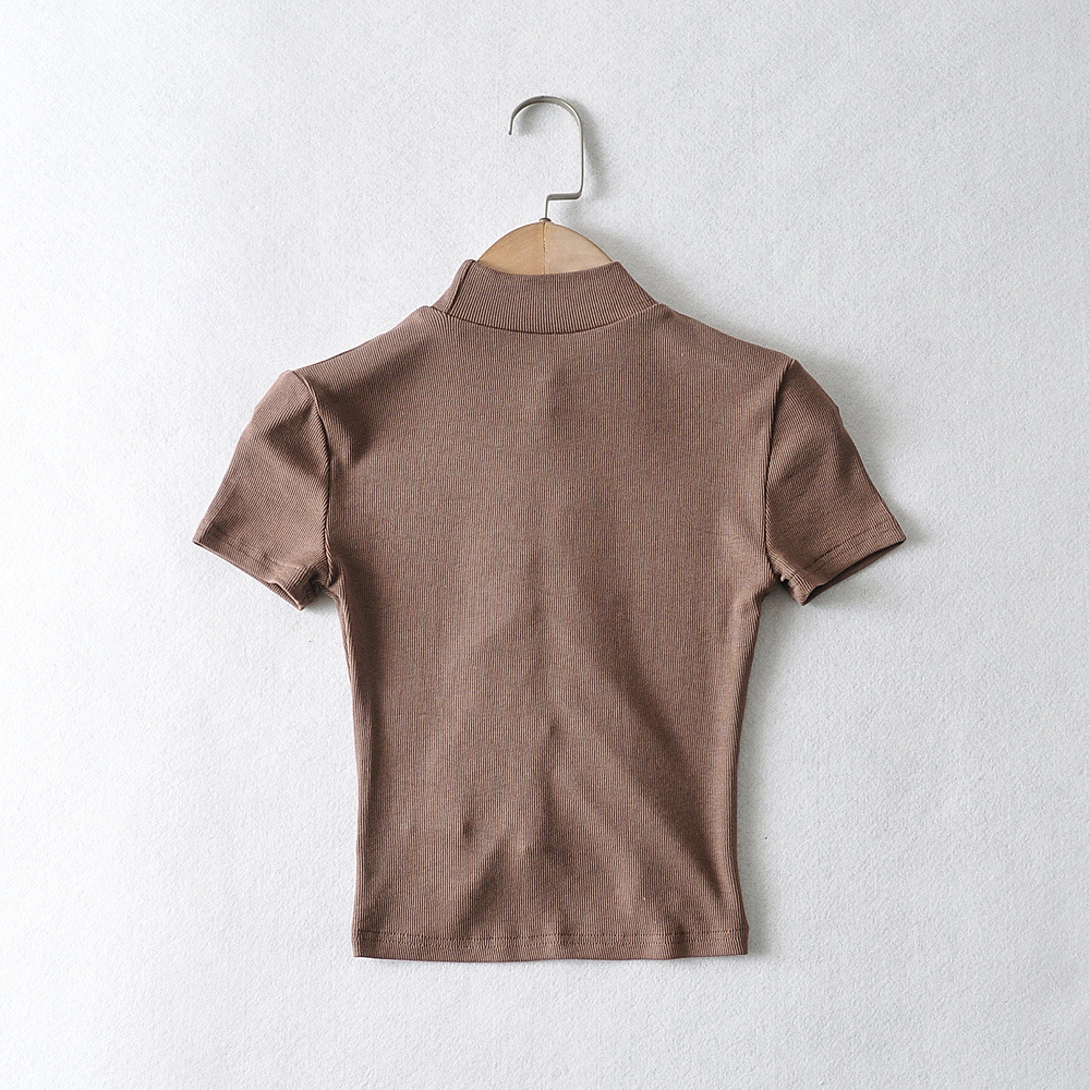 High round neck tight-fitting drawstring spring and summer elastic solid color T-shirt  NSHS25467