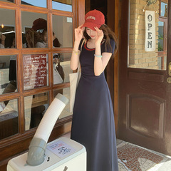 韩系温柔少女气质连衣裙夏季短袖假两件设计感显瘦旅行度假长裙女