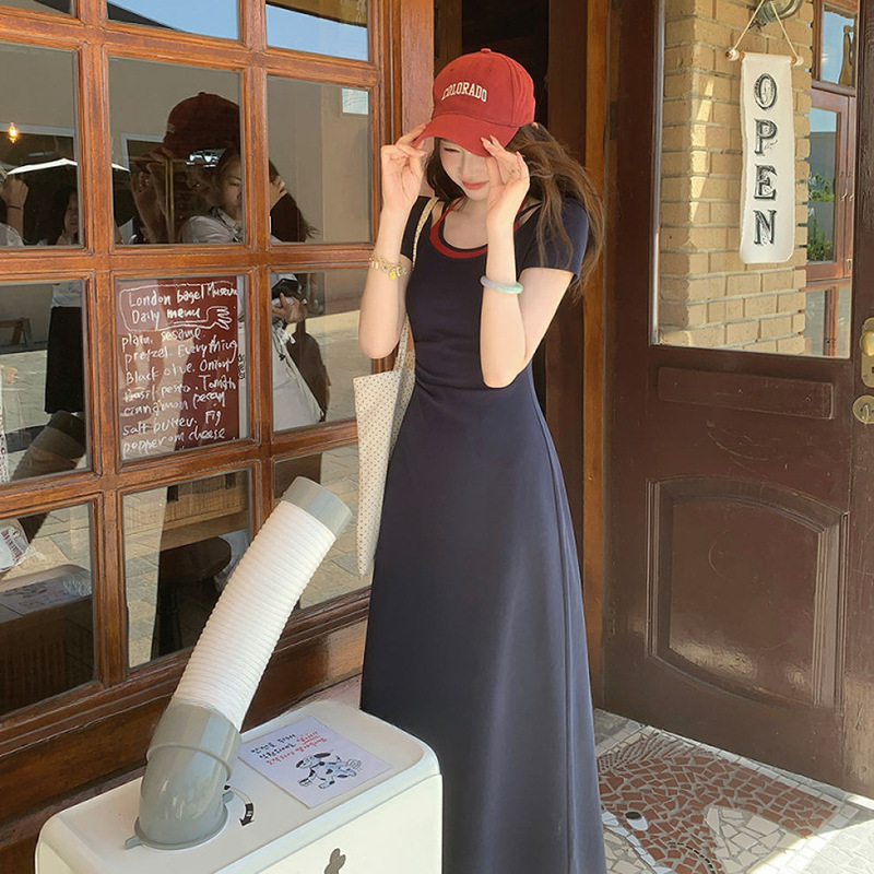 韩系温柔少女气质连衣裙夏季短袖假两件设计感显瘦旅行度假长裙女|undefined