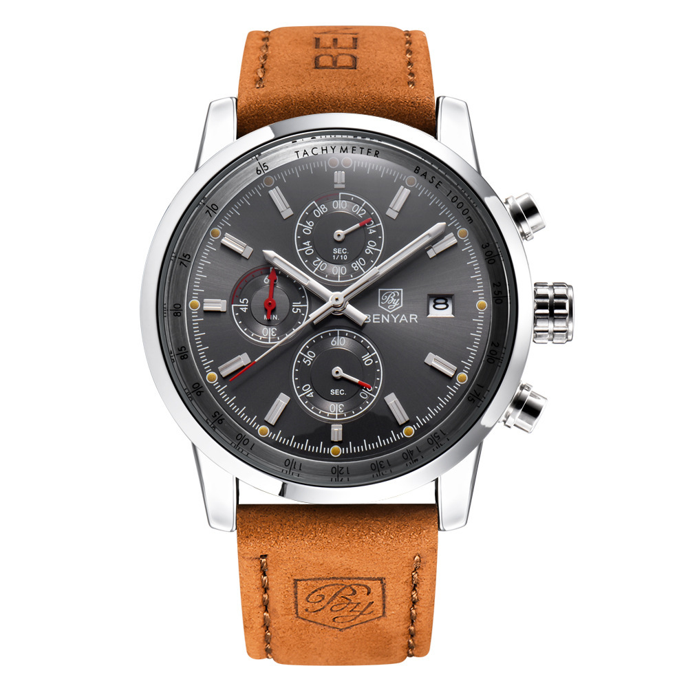 BENYAR Binya reloj de los hombres de moda multi-funcional calendario impermeable Cinturón Reloj de los hombres correa de acero reloj casual 5102