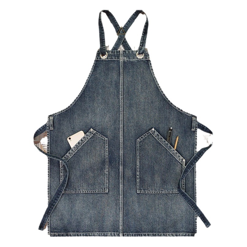 Comercio exterior puro algodón lavado delantal de mezclilla logotipo personalizado estudio arte estudiante restaurante ropa de trabajo delantal al por mayor personalizado