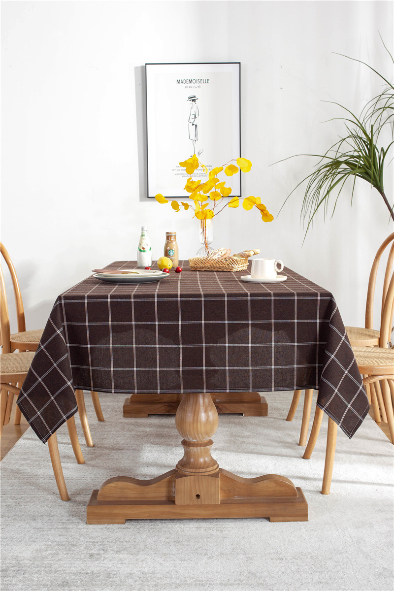 Tovaglia rettangolare geometrica a quadri a doppia linea in cotone-poliestere con bordo arrotolato, ideale per tavoli da pranzo e tavolini da caffè._voghion.com