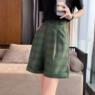 绿色格子短裤女夏季2026新款韩版显瘦高腰a字五分裤时尚休闲裤子
