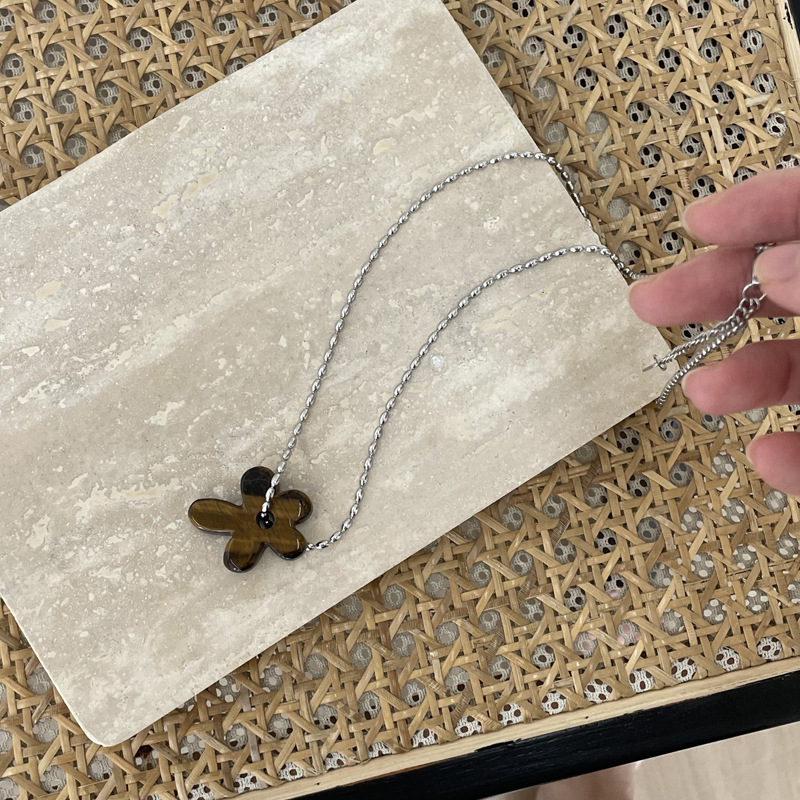 韩版天然石斑点虎眼花朵吊坠项链小众简约高级感长款可调节颈链|undefined