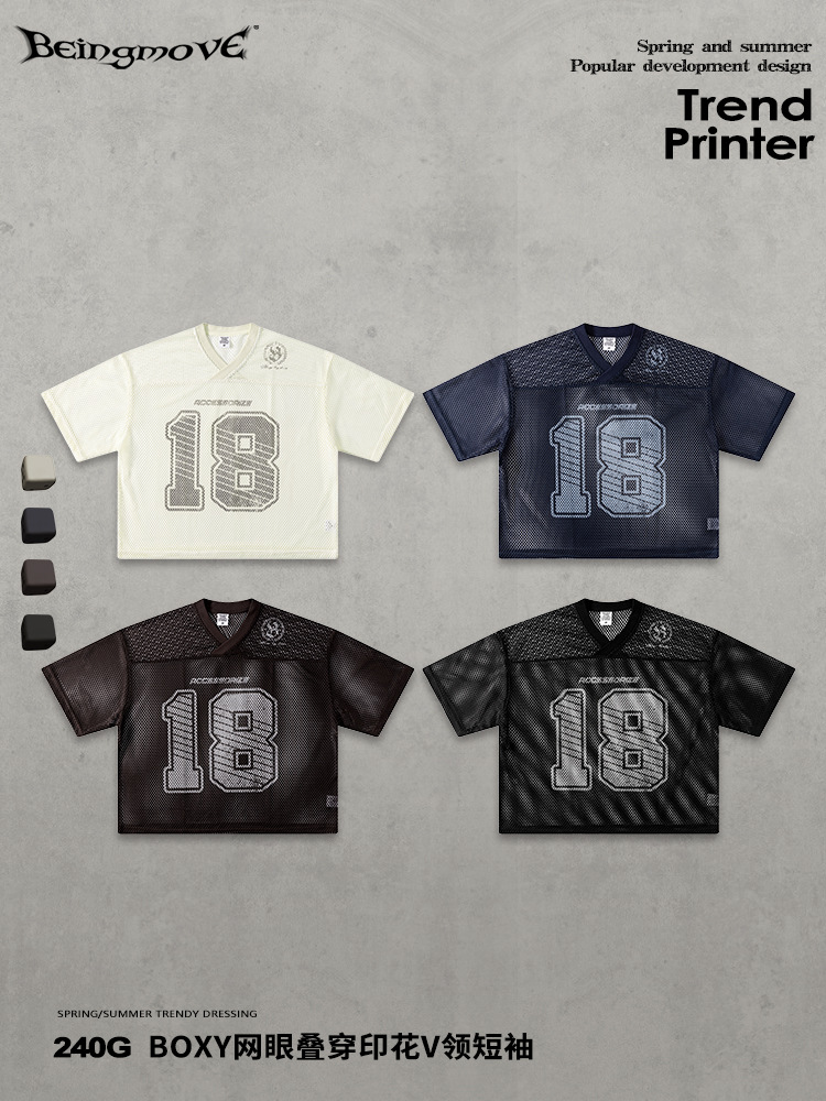 Calle secada| Verano estilo americano de moda callejera Boxyfit corto ancho malla digital impresión de cuello V camiseta de manga corta para hombres