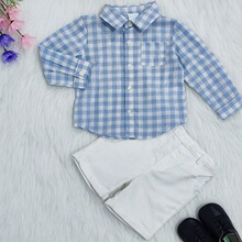 外贸原单 男宝宝浅蓝亚麻长袖衬衫婴儿宝宝纯色纯棉新款短裤2件套