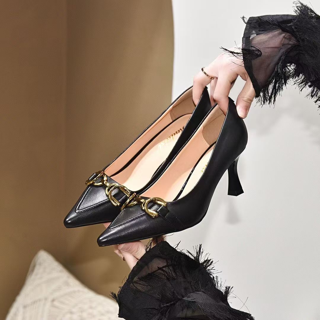 尖头 高跟单鞋 金属扣单鞋女2025春季新款 高跟鞋 细跟性感 外贸