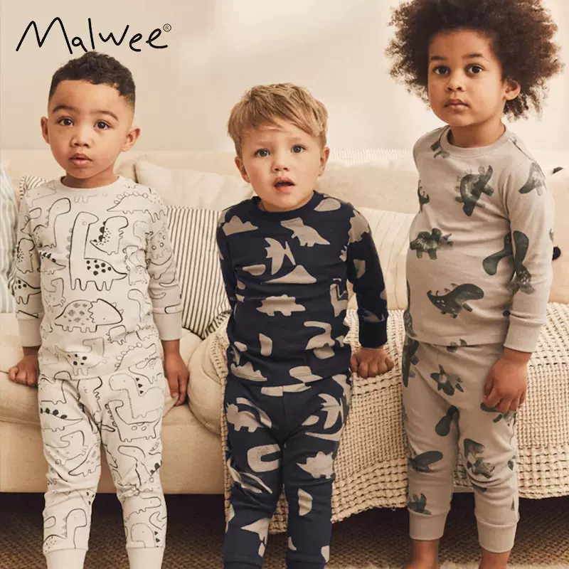 跨境malwee男童套装秋冬新款家居服帅气小男孩圆领长袖潮童两件套