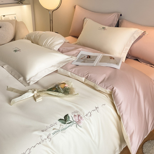 Light luxury Category A maternal and infant grade pure cotton long-staple cotton four-piece set pure cotton embroidered sheets, fitted sheets, quilt covers, bedding 4