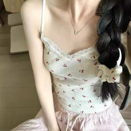 Brandy BM新款美式樱桃印花蕾丝边背心吊带bm纯欲内搭外穿上衣女