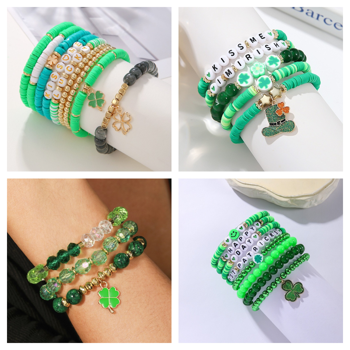 European and American St. Patrick's Day Green Bracelet Stacked with Soft Clay Beads, Good Luck Four-Leaf Clover Handmade Pendant Decoration