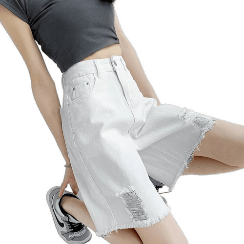 Women's Summer Thin High-Waisted Loose Slimming Embroidered Alphabet Straight Leg Wide White Shorts