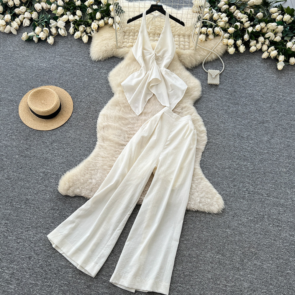 Women's Luxury Commuter Style Halter Vest Wide Leg Pants Two Piece Set Slimming Stylish Backless Summer Outfit_ecoleips.com