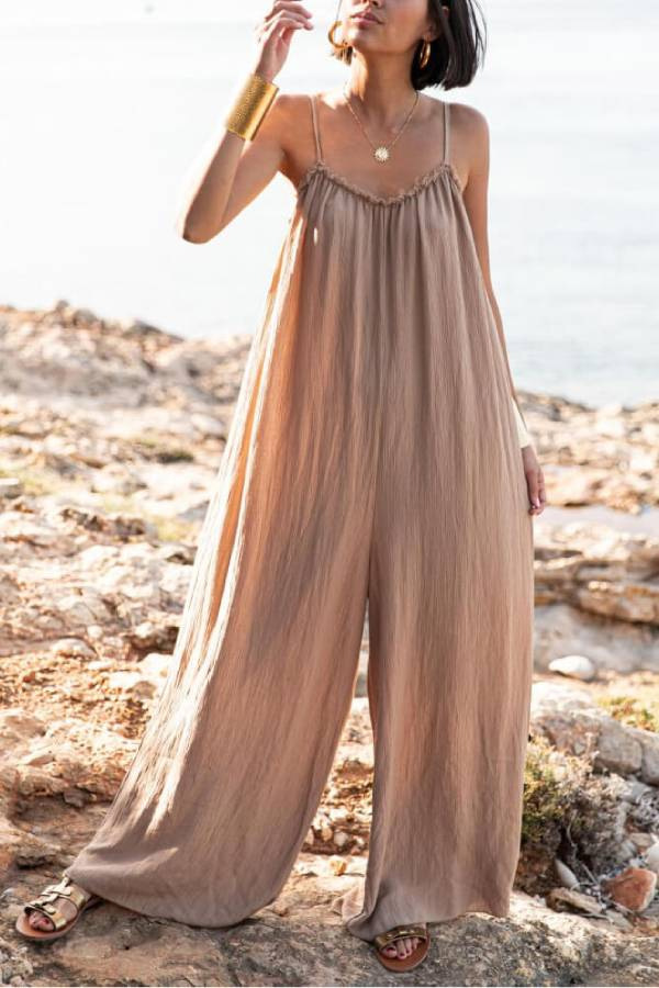 Women's Loose Fit Backless Halter Linen Jumpsuit – Casual Beach Resort Romper For Summer_ecoleips.com