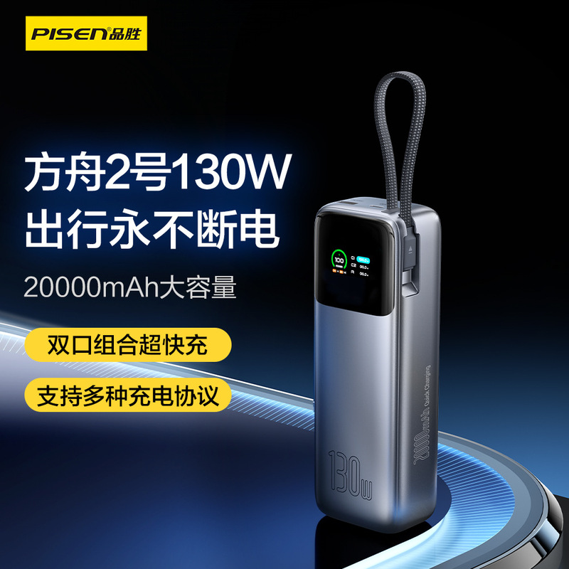 Pinsheng 130W Fast Charging Power Bank with Built-In Type-C Cable, 20000Mah Large Capacity Laptop Power Bank