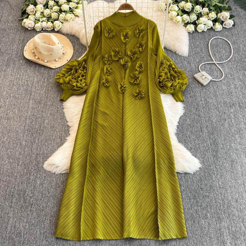 Elegant Women's Beaded 3D Floral Dress Pleated Puff Sleeves Slimming Long plus Size Stretchy Spring Style Cross Border_ecoleips.com