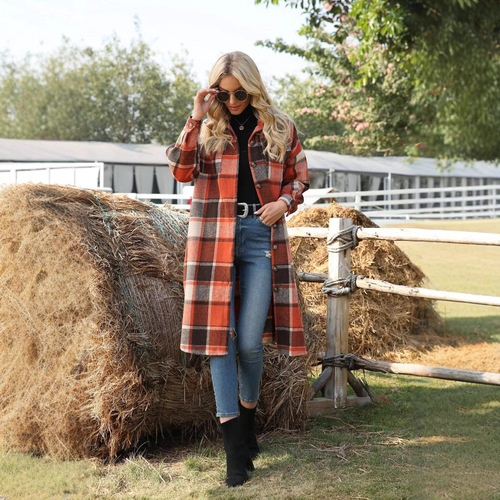 Autumn and winter European temperament windbreaker coat, side split lapel loose woolen plaid coat 