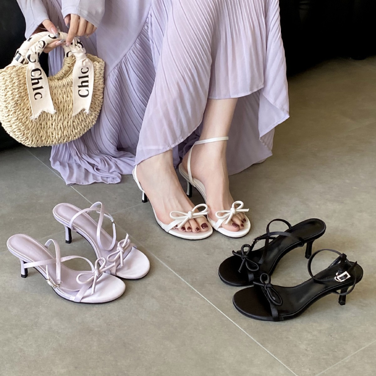 2025 New Style French Stiletto Open-Toe Sandals for Women, Genuine Leather Thin Strap Roman Sandals, Two-Wear Bow Tie