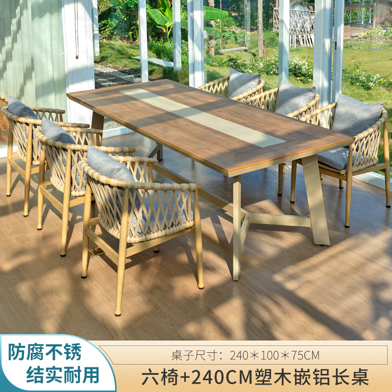 Seis sillas 240cm mesa larga de aluminio con incrustaciones de madera de plástico