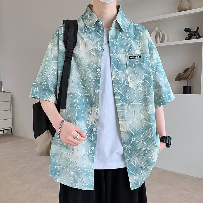Short-sleeved Shirt Men's Summer Half-sleeved Ice Silk Shirt Men's Loose plus size Top Ruffian Handsome Printed Hong Kong Style Jacket