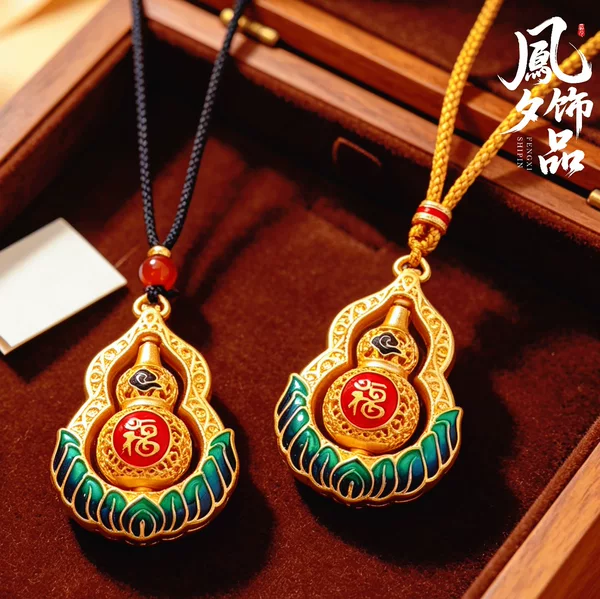The same style as the gold shop's antique sand gold enamel auspicious cloud fortune gourd rotating pendant with high color retention, new Chinese-style sweater chain