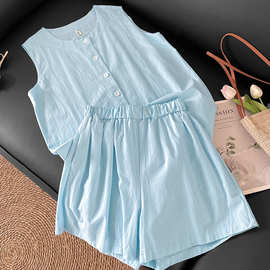 实拍 无袖衬衫套装夏季韩系时髦松弛感马甲松紧腰短裤两件套