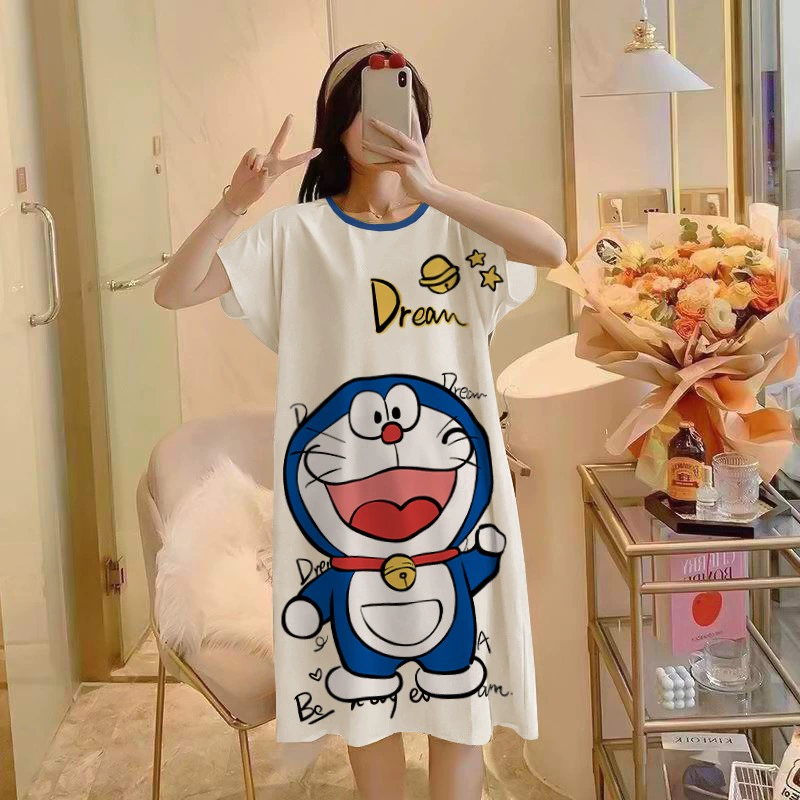 Новинка 2022 года, ночная рубашка с короткими рукавами, женская летняя тонкая хлопковая ночная рубашка с героями мультфильмов, пижама большого размера, свободная