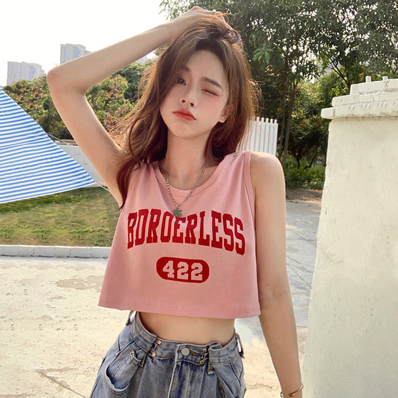 Short Sling Voucho T-shirt Women's Outer Wearing Summer New Hot Girls Navel Letter Print Ins Sports Sleeveless Top