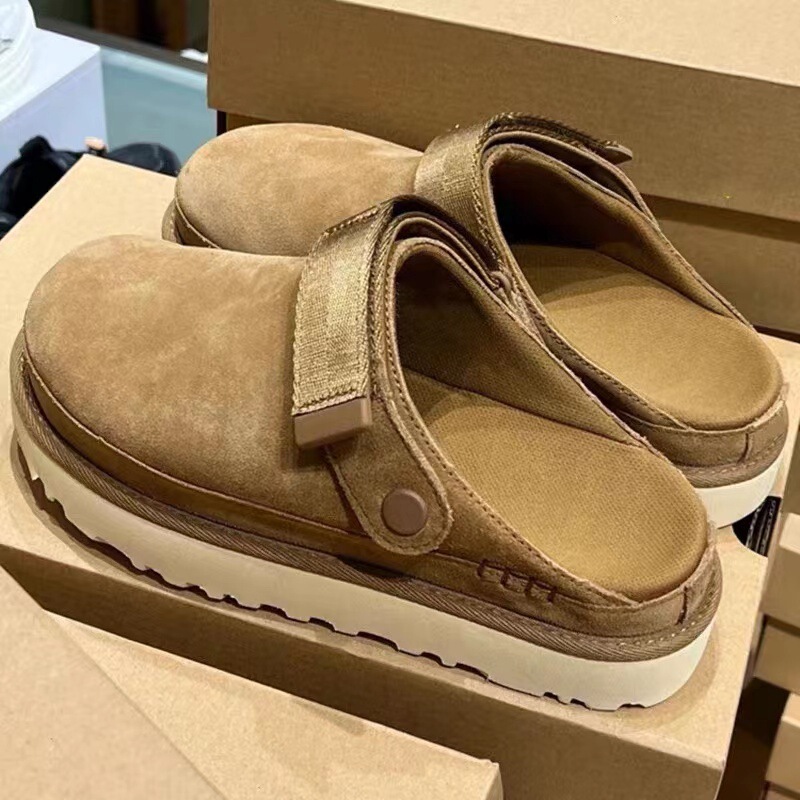 in stock Cross-border Autumn and Winter New Style Baotou Half-drag Women's Bocken Shoes Casual Platform Height-raising Wool fleece-lined Slippers Outdoor