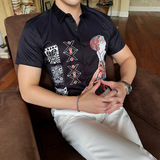 新款欧美男士翻领免烫时尚衬衫潮流数码印花款休闲短袖衬衣3003，男装衬衫，乐天大叔的衬衫铺