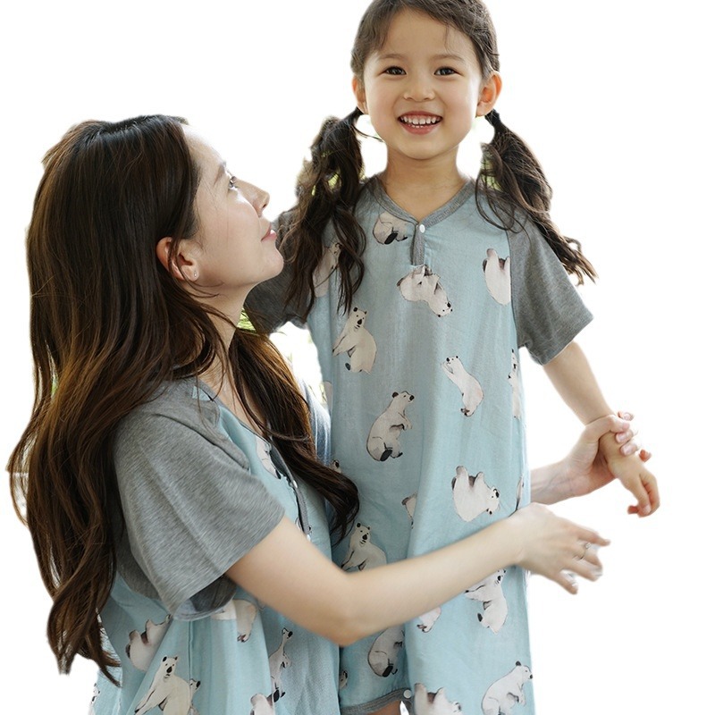 대나무 면 부모-어린이 홈 옷 여름 경량 모기 방지  잠옷 어머니 잠옷 부모-자식 옷 홈 세트