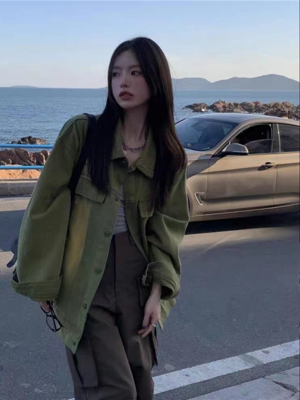 高级感POLO领绿色长袖牛仔外套女春秋冬大码美式复古宽松夹克开衫|undefined
