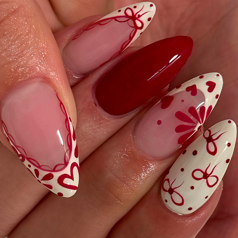 Valentine's Day Wear Nail Wine Red Exquisite Style Aesthetic Bow Dot Lace Edge French Love Fake Nails