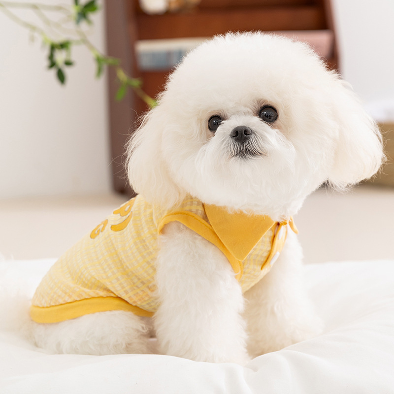 Chaleco para mascotas con solapa a cuadros de jacquard amarillo para perros de primavera y verano, ropa de gato delgada transpirable para perros pequeños y medianos