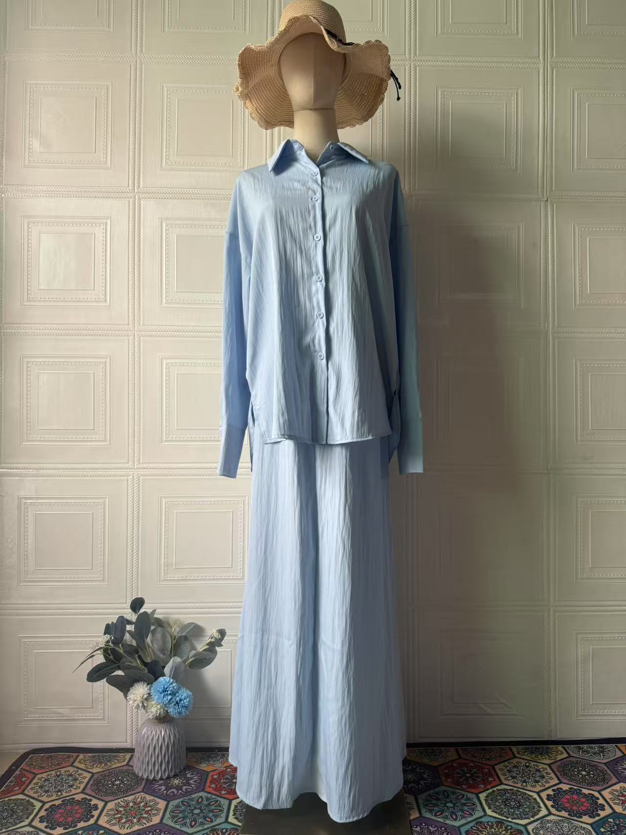 2025 European American Women's Fashion Cross-border Solid Color Elegant Gentle Long-sleeve Top And Long Skirt_ecoleips.com