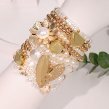 饰品厂家珍珠金色串珠金色花朵爱心吊坠轻奢时尚叠戴手链外贸直批