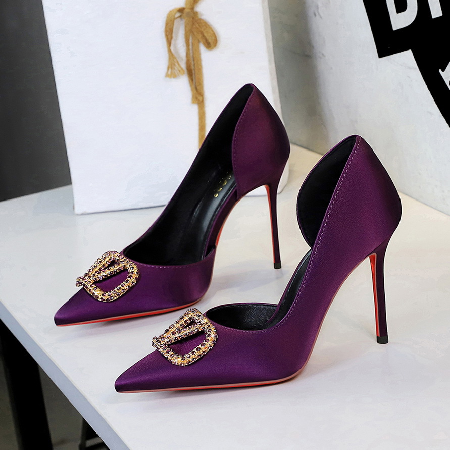 9267-K202 French Fashion Super High Heels Women's Side Hollow Beautiful Water Diamond Buckle Pointed Shallow Mouth Fine Follow Shoes for Women